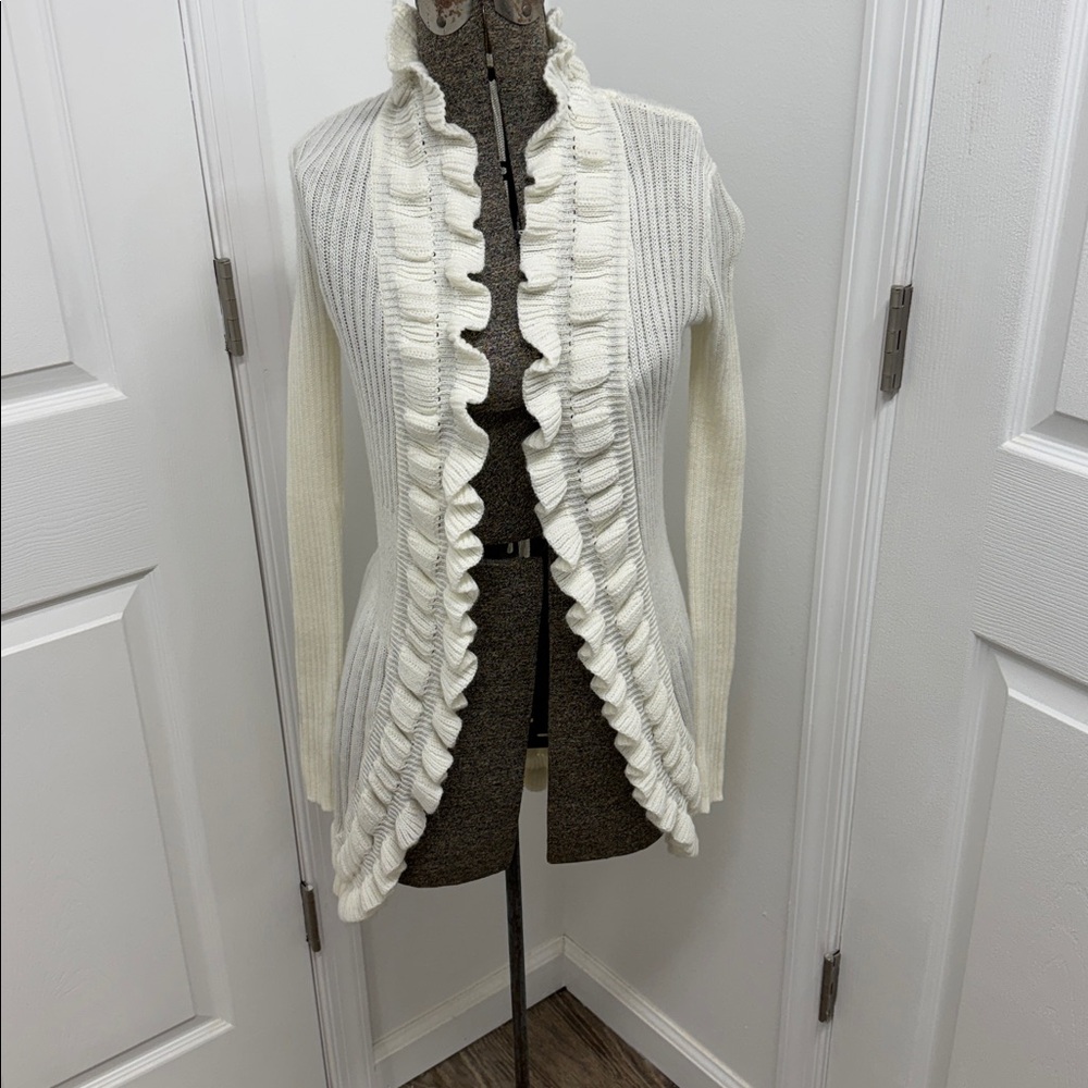 Women's Say What size Small Cream Ruffle Open Cardigan Sweater